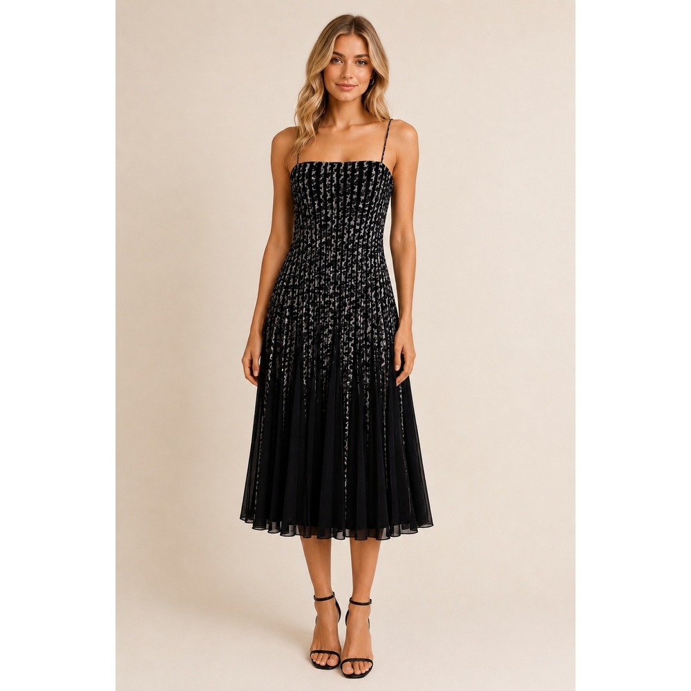 Betsy & Adam Midi Dress Women Size 10 Black Accordian Pleat Y2K Whimsygoth Party